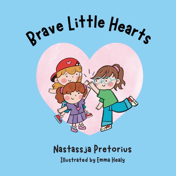 Cover of Brave Little Hearts: three smiling girls high-fiving inside a big pink heart on a sky-blue background.