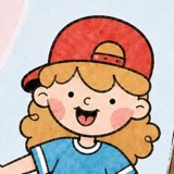 Ella, with blonde curls and a backwards red cap.