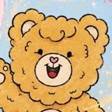 Shimmering Fluff, a fluffy golden teddy bear, smiling and waving.